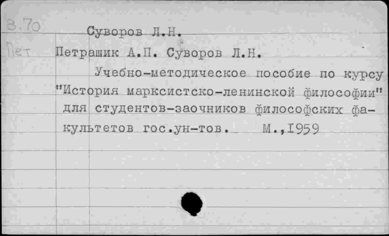 ﻿Петрашик А.П. Суворов Л.Н.
Учебно-методическое пособие по курсу "История марксистско-ленинской философии" для студентов-заочников философских факультетов гос.ун-тов. М.,1959